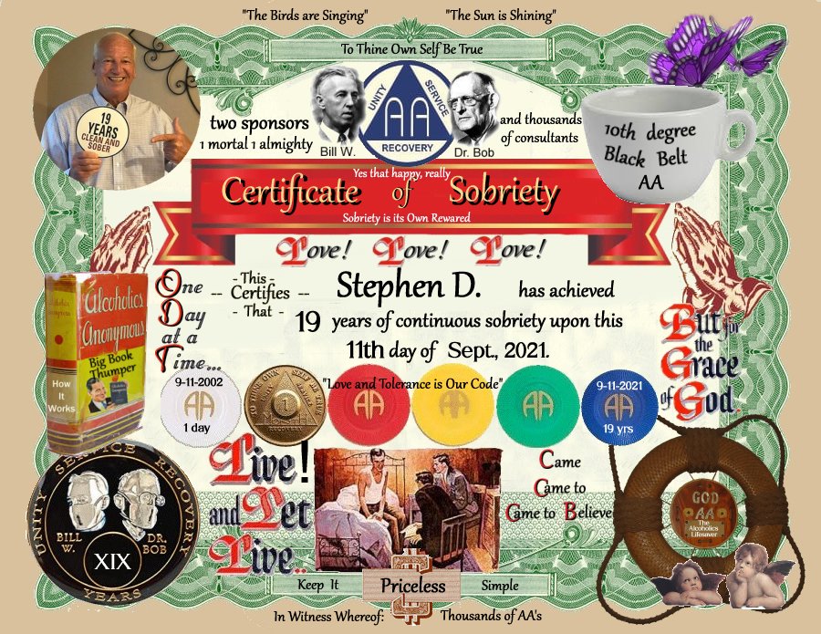 Stephen D. 19 yrs sobriety given certificate of sobriety